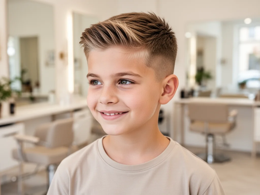 Uśmiechnięty 11‑latek z nowoczesną, krótką fryzurą w jasnym salonie fryzjerskim, podkreślającym modne cięcie dla chłopców.