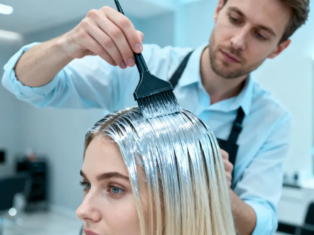 Fryzjer nakłada profesjonalny toner na blond włosy klientki w nowoczesnym salonie, dbając o ich zdrowy wygląd.