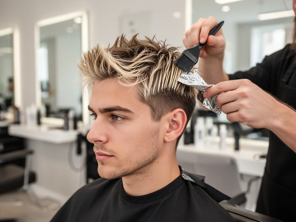 Mężczyzna w salonie fryzjerskim, fryzjer nakłada pasemka blond na krótkie, teksturowane włosy, nowoczesna, męska stylizacja.