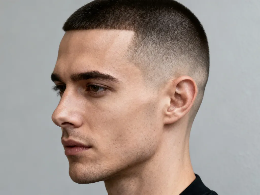 Mężczyzna z precyzyjnie wykonaną fryzurą typu buzz cut na neutralnym, szarym tle.