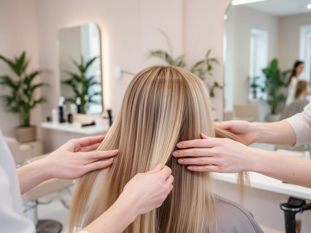 Młoda kobieta z lśniącymi blond włosami w salonie fryzjerskim, fryzjer delikatnie sprawdza kondycję jej pasm.