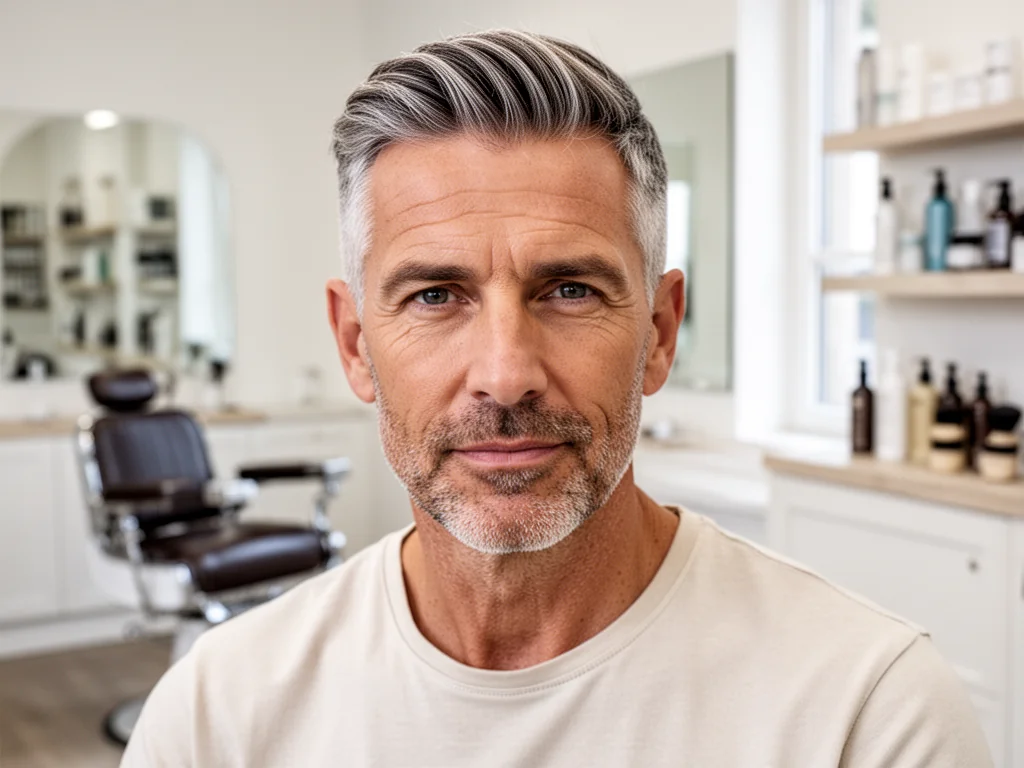 Stylowy mężczyzna po pięćdziesiątce z zadbaną siwizną w nowoczesnym cięciu, siedzący w jasnym, eleganckim salonie barberskim.