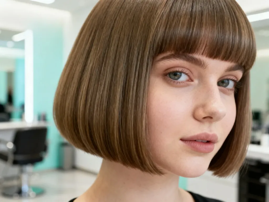 Kobieta z modną grzywką typu curtain bangs, która optycznie wysmukla okrągłą twarz w nowoczesnym salonie fryzjerskim.