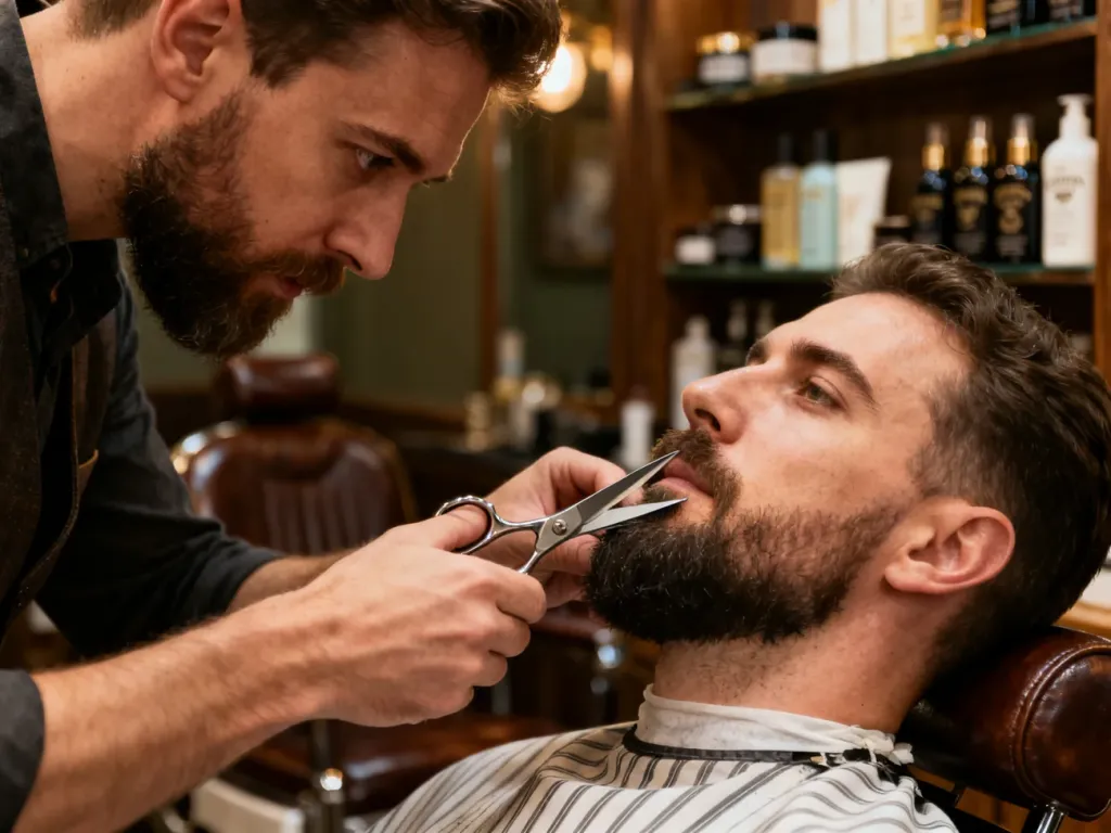 Barber w stylu vintage precyzyjnie przycinający brodę klienta profesjonalnymi nożyczkami w salonie fryzjerskim.