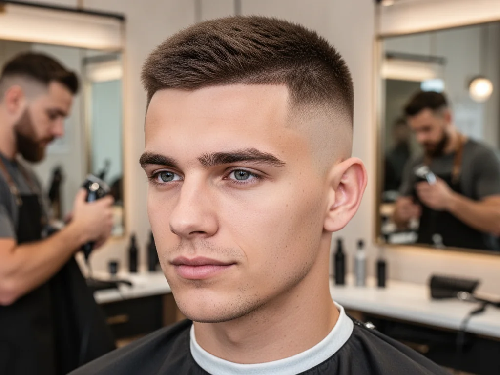 Młody mężczyzna z świeżo ostrzyżoną fryzurą low fade w barbershopie, wyraźnie widoczne cieniowanie boków i tyłu głowy.