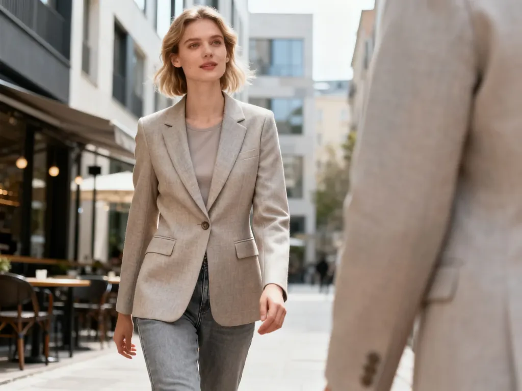 Kobieta w eleganckiej, dopasowanej marynarce noszonej na co dzień do jeansów, spaceruje po nowoczesnej miejskiej ulicy.
